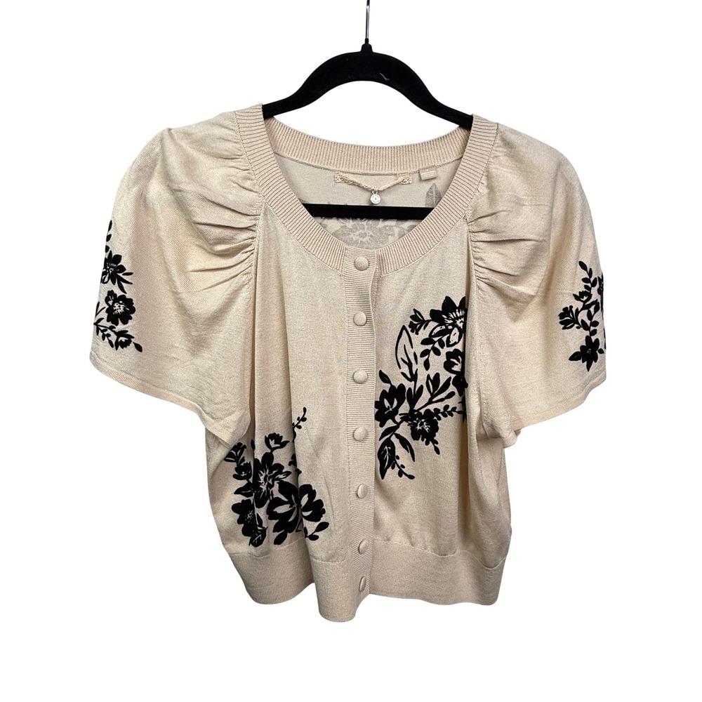 Anthropologie Knitted & Knotted Silk Blend Floral Flocked Cardigan Beige Medium